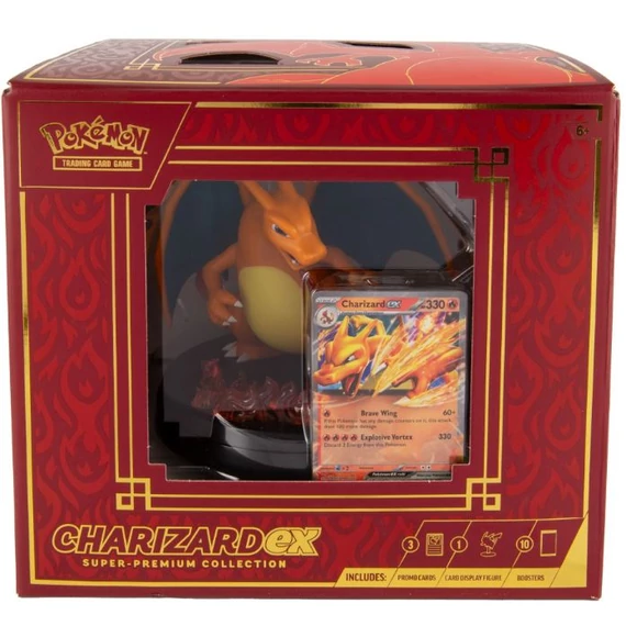 Pokémon TCG – Charizard ex Super-Premium Collection – 16 booster, promó kártyák és fémdoboz – hivatalos angol kiadás