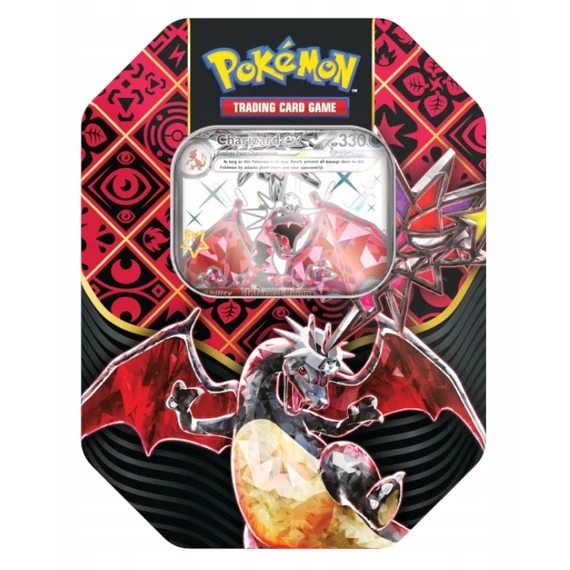 Pokémon Paldean Fates – Charizard ex Collector’s Tin (UK, 4 Boosters) – promó + kódkártya