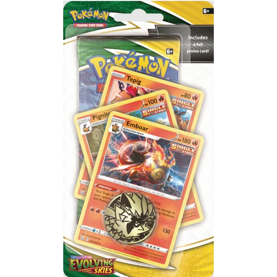 Pokémon TCG – Evolving Skies: Emboar Premium Checklane Blister – booster és holografikus promó kártyák – angol kiadás