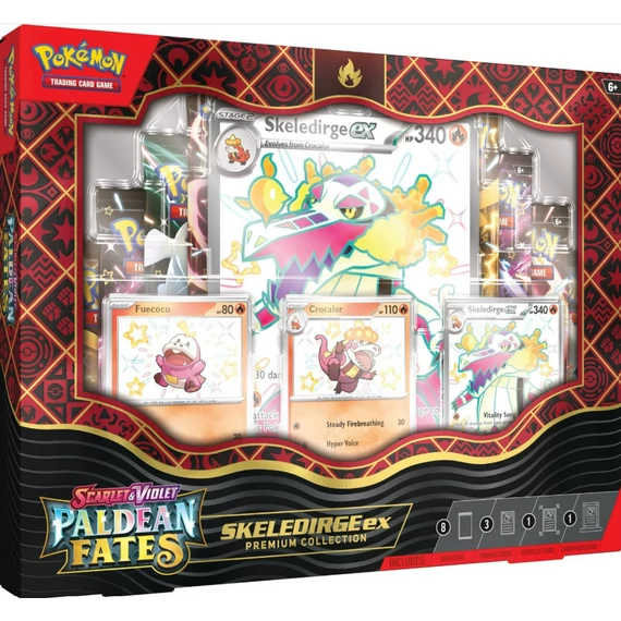 Pokémon TCG Paldean Fates – Skeledirge ex Premium Collection (8 Boosters) – promó + jumbo + 3-kártyás tartó