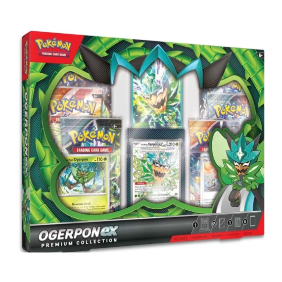 Pokémon TCG – Ogerpon ex Premium Collection doboz – Teal Mask Ogerpon ex promó kártya, 6 booster és védőtok – hivatalos angol kiadás